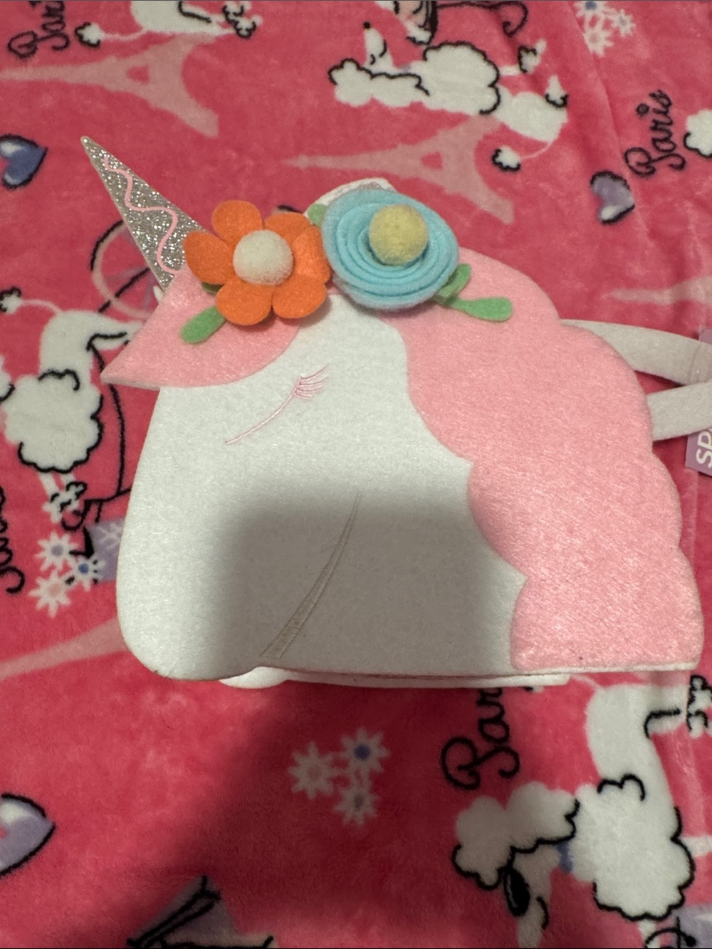 Unicorn Felt Crossbody Bag with Floral Accents - Pink & White